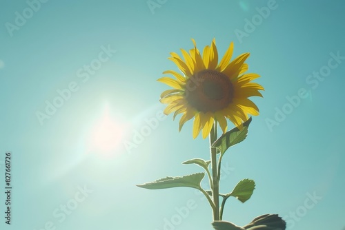 A minimalistic scene of a single sunflower in full bloom  set against a clear blue sky  with soft sunlight casting a warm glow on its petals  symbolizing the brightness and beauty of summer days