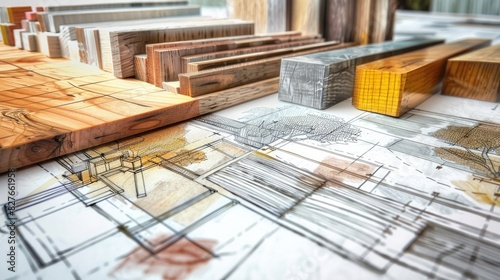 architectural drawings with palette of colors and wooden sampler for furniture designs for interior works. photo