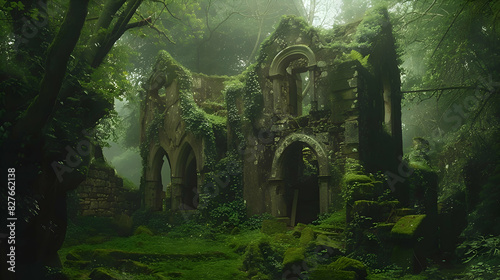 A mysterious forest with ancient ruins hidden among the trees