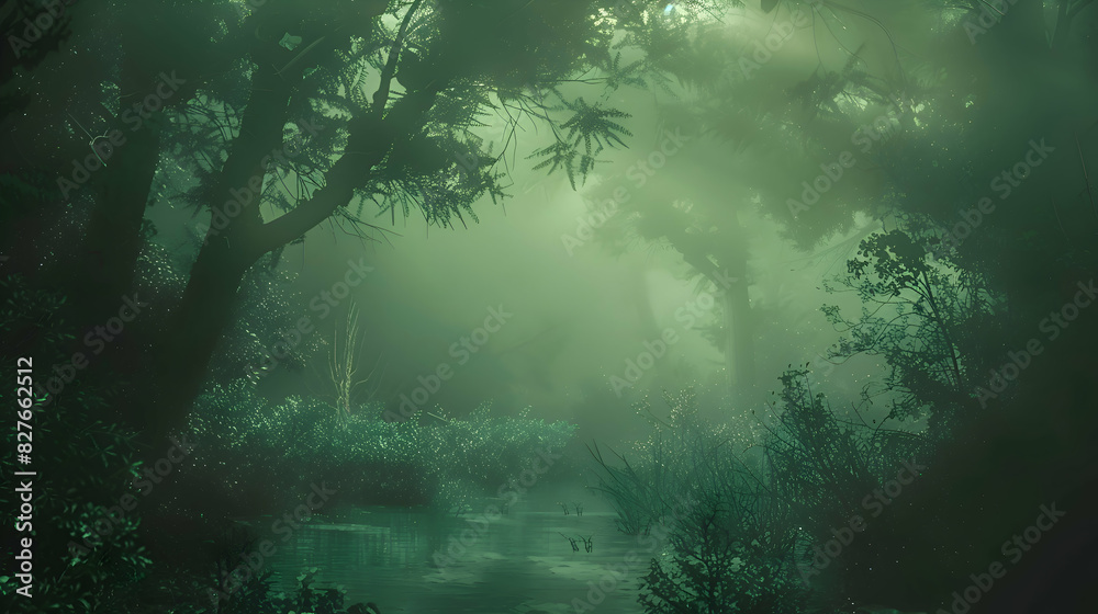 A mystical forest shrouded in fog with hidden creatures lurking A mystical forest shrouded in fog with hidden creatures lurking