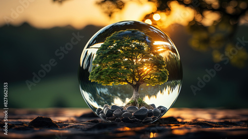 Glass Bubble With Tree and Environment On Blurry Background