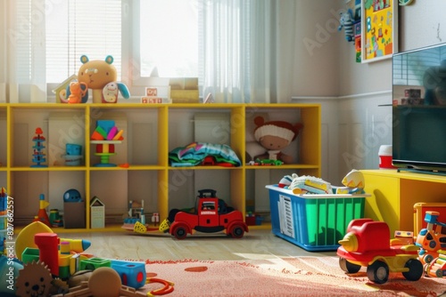 A colorful children's playroom filled with toys, a well-organized shelving unit, and a bright atmosphere created by natural light.