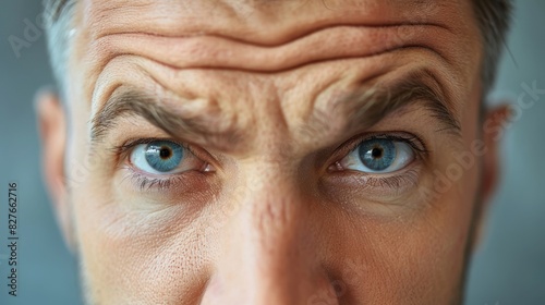 A man with a furrowed brow and blue eyes