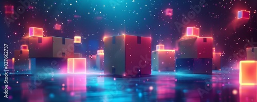 Futuristic digital landscape with glowing cubes and neon lights  representing technology and innovation in a cyberpunk environment.