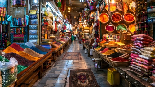 Vibrant Market Bazaar: A lively market with colorful stalls selling spices, textiles, and handmade crafts.
