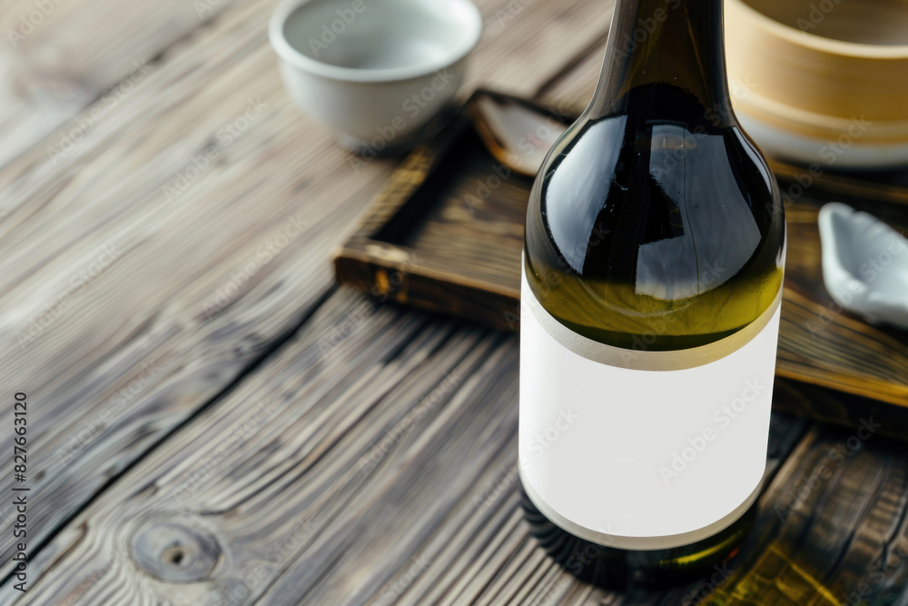 Elegant Wine Bottle with Blank Label on a Rustic Wooden Table Elegant Wine Bottle with Blank Label on a Rustic Wooden Table