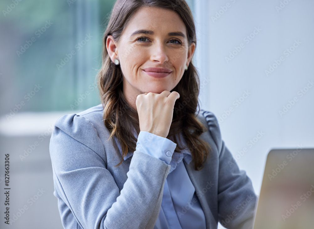 Startup, smile and woman with laptop, portrait and confidence in office, digital and technical writer. Proud, person and employee in workplace, computer and happy for project, editor and website Startup, smile and woman with laptop, portrait and confidence in office, digital and technical writer. Proud, person and employee in workplace, computer and happy for project, editor and website