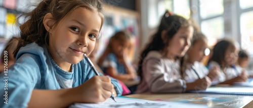 Kids in a classroom engaged in creative art activities, drawing and smiling, highlighting a fun and interactive learning environment.