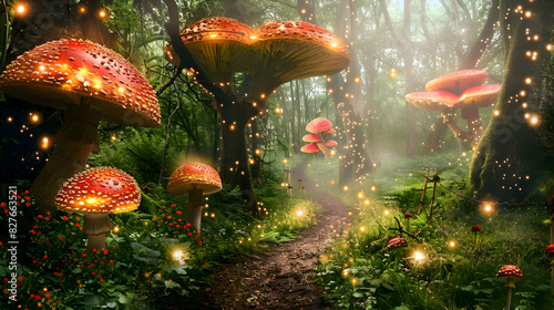 A mystical forest with towering trees and glowing mushrooms