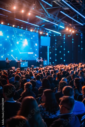 Large audience attending a tech conference with a blue-lit stage displaying digital graphics and speakers at a podium.