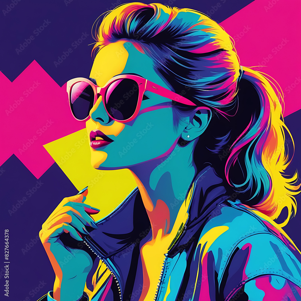 Naklejka premium Pop Art beauriful woman with sunglasses neon