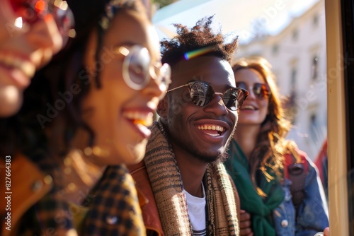 A group of friends laughing and chatting as they board a tour bus for a sightseeing excursion in a new city, ready to explore and make memories together during their travels