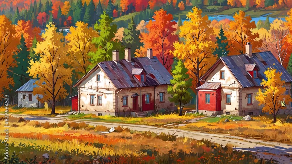 The trees are in full foliage and the leaves are turning yellow, orange, and red. There are several houses in the village, all of which are made of wood and have white walls and red roofs. The trees are in full foliage and the leaves are turning yellow, orange, and red. There are several houses in the village, all of which are made of wood and have white walls and red roofs.