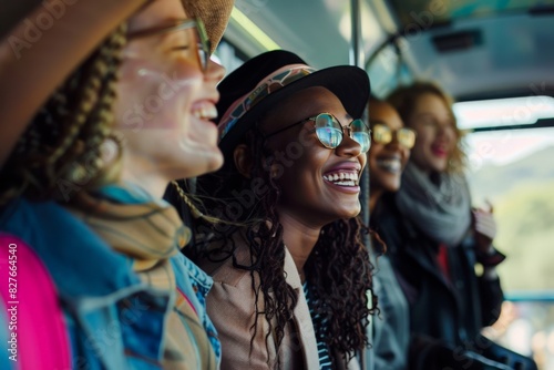 A group of friends laughing and chatting as they board a tour bus for a sightseeing excursion in a new city, ready to explore and make memories together during their travels