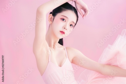 Elegant asian ballerina in pink tutu skirt dancing gracefully on pink background for beauty and art concepts