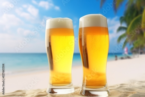 two glasses of beer on the beach with palm trees in the background