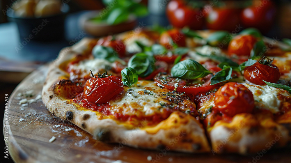 Fresh Margarita Pizza With Cheese and Tomatoes On Blurry Background Fresh Margarita Pizza With Cheese and Tomatoes On Blurry Background