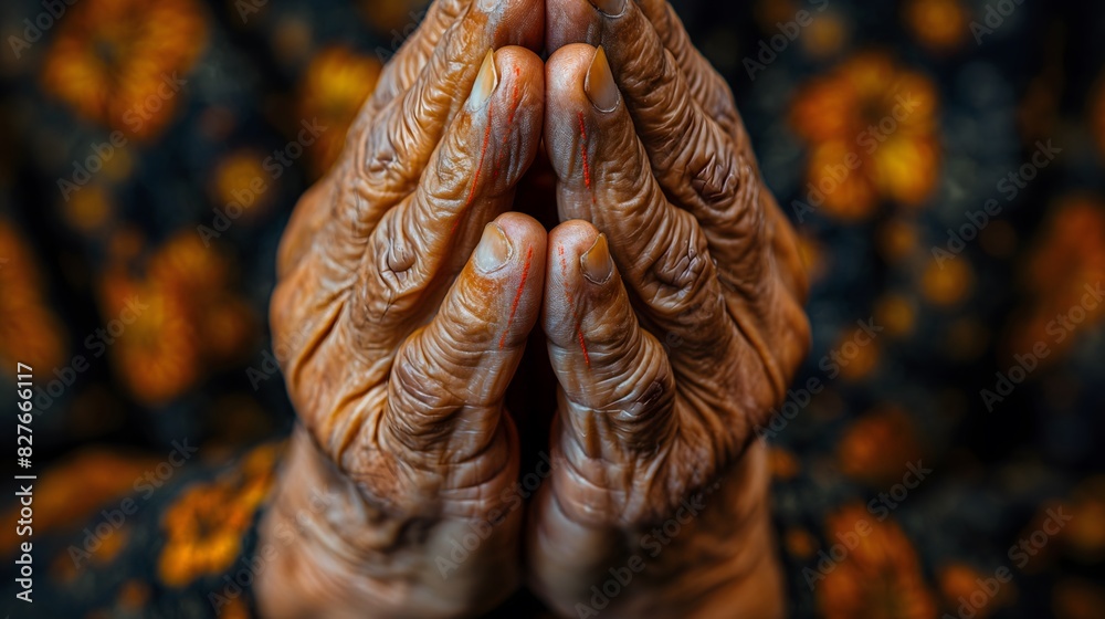 Elderly hands in prayer with weathered skin Elderly hands in prayer with weathered skin