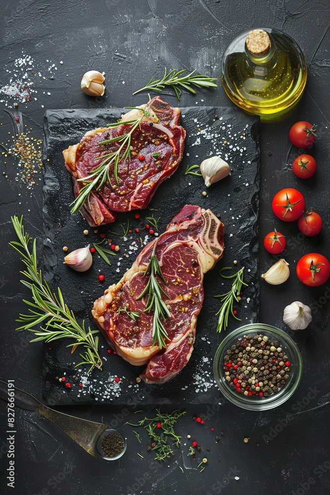 delicious raw beef steaks and vegetables on a black background