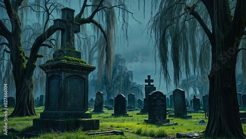 A cemetery with tombstones standing amidst trees in the background photo