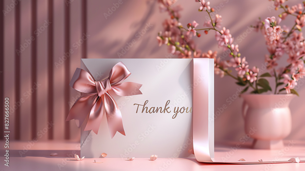 A close-up of a pink and white thank you card with a pink bow on a pink table. The background is a blurred pink.