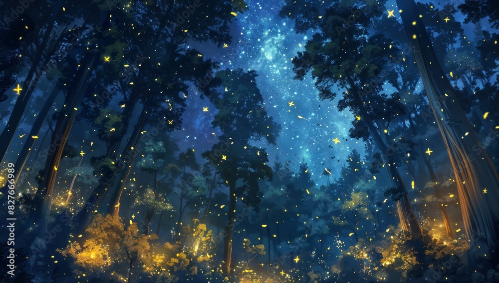 Dreamlike forest illustration with glowing fireflies and a starry night ...