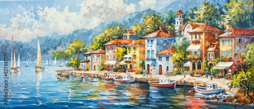 Painting of a picturesque seaside town, colorful houses and sailboats in the harbor