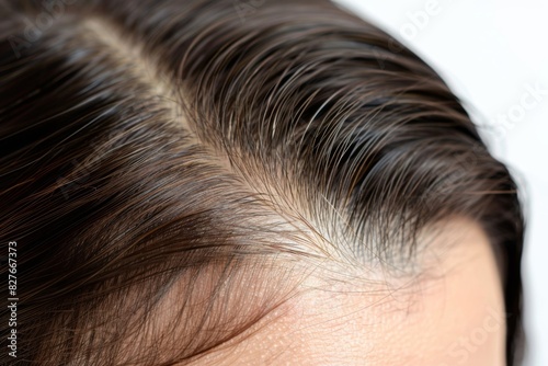 Close-up of hair roots on a person's scalp, showcasing natural hair growth with visible gray strands, detail and texture of human hair. photo