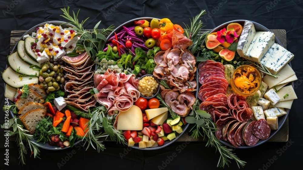 A gourmet charcuterie board with a variety of cheeses, meats, fruits, and vegetables, artfully arranged on a black background. A gourmet charcuterie board with a variety of cheeses, meats, fruits, and vegetables, artfully arranged on a black background.
