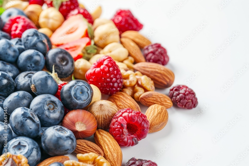 Assorted fresh berries and nuts on white background. Healthy eating concept with blueberries, raspberries, walnuts, almonds, and hazelnuts. Assorted fresh berries and nuts on white background. Healthy eating concept with blueberries, raspberries, walnuts, almonds, and hazelnuts.