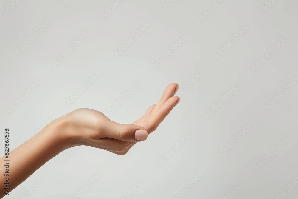 Elegant outstretched female hand with smooth skin on a light gray background, showcasing beauty and grace. Elegant outstretched female hand with smooth skin on a light gray background, showcasing beauty and grace.