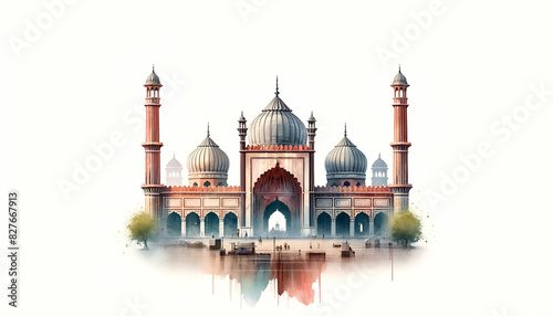 Watercolor illustration of Jama Masjid in Delhi. photo