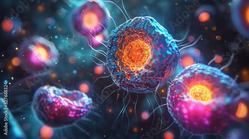 Closeup of plasma cells under a microscope, glowing with vibrant colors, high detail, digital, dark background photo