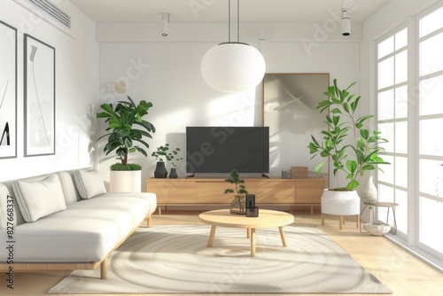 Spacious Scandinavian living room with a large window  a central TV  and vibrant green plants  blending comfort and style.