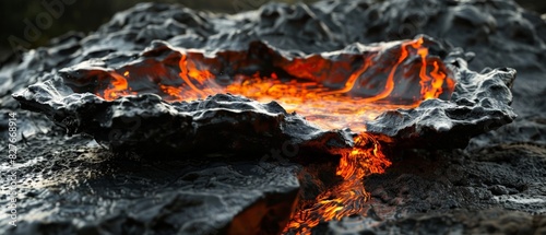 Lava from a volcano glows and bubbles photo