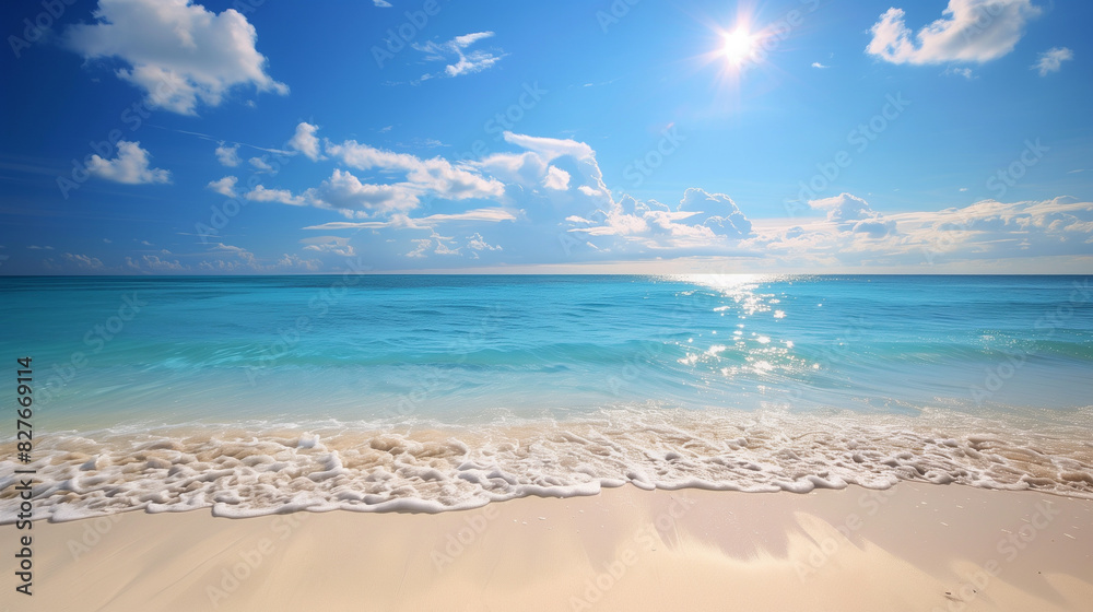 Panoramic beach landscape. Empty tropical beach and seascape. Blue sky, soft sand, calmness and relaxing. Summer vacation. Panoramic beach landscape. Empty tropical beach and seascape. Blue sky, soft sand, calmness and relaxing. Summer vacation.