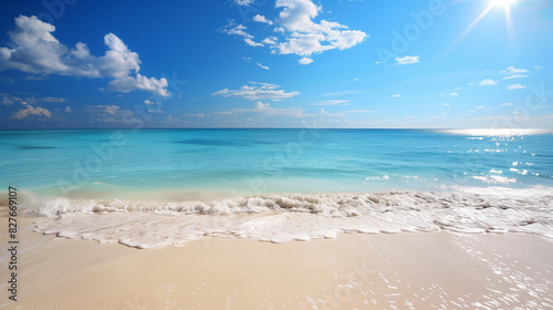 Panoramic beach landscape. Empty tropical beach and seascape. Blue sky, soft sand, calmness and relaxing. Summer vacation.