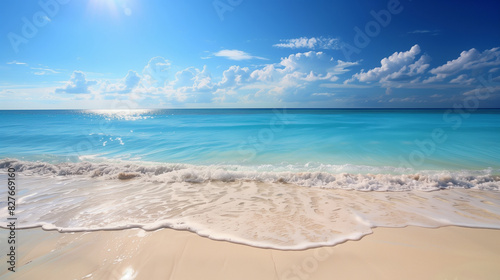 Panoramic beach landscape. Empty tropical beach and seascape. Blue sky  soft sand  calmness and relaxing. Summer vacation.