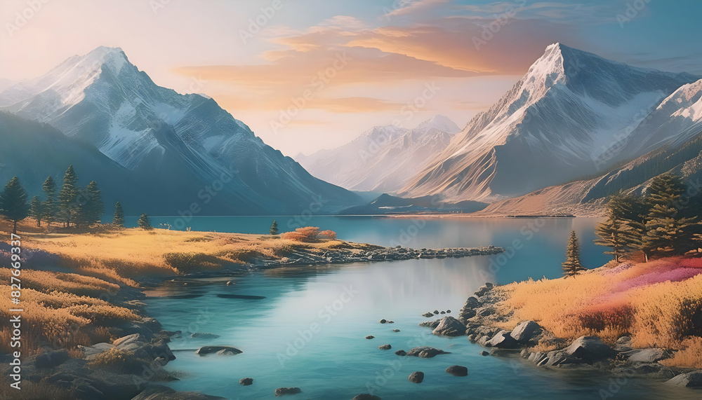 Obraz premium Colorful mountain and field landscape on digital art concept.