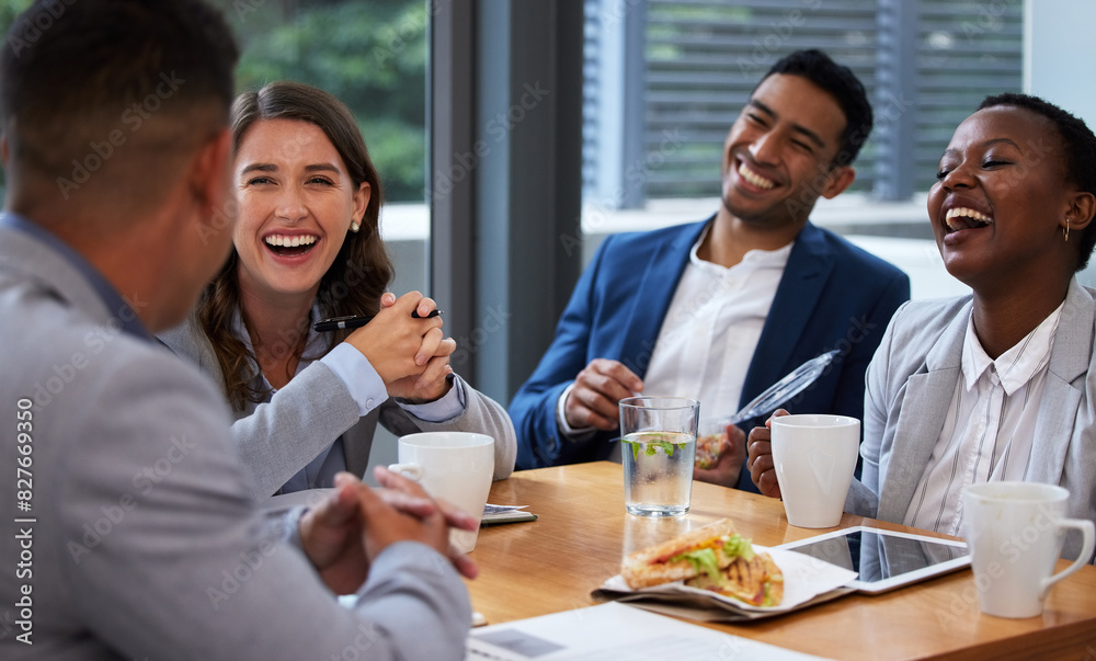 Happy, business people and collaboration for morning, meeting and breakfast in conference room. Men, women and diversity in office with pride, teamwork and group for discussion and international job Happy, business people and collaboration for morning, meeting and breakfast in conference room. Men, women and diversity in office with pride, teamwork and group for discussion and international job