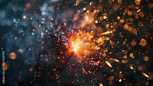 Close-up of a bright sparkler igniting with vibrant fiery particles scattered across a dark backdrop.
