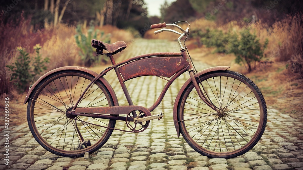 A nostalgic and vintage photo of an extremely old bicycle