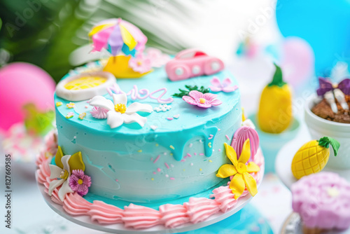 Colorful Tropical-Themed Cake with Decorative Elements © Derrick
