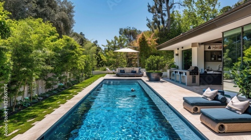 Backyard pool at luxury modern design home
