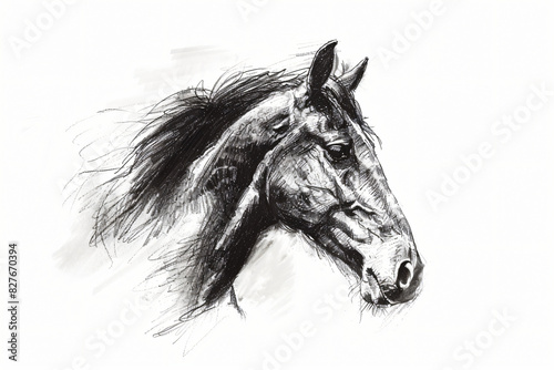 Artistic charcoal sketch of a horse head with flowing mane, capturing the animal's noble profile with detailed strokes © Alexandra