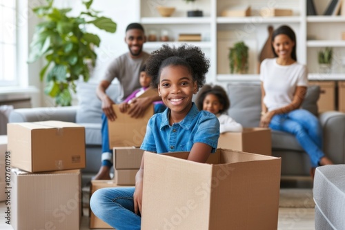 Happy African American family unpacking in their new home. Parents and two children, one sitting in a cardboard box, smiling in a modern living room.