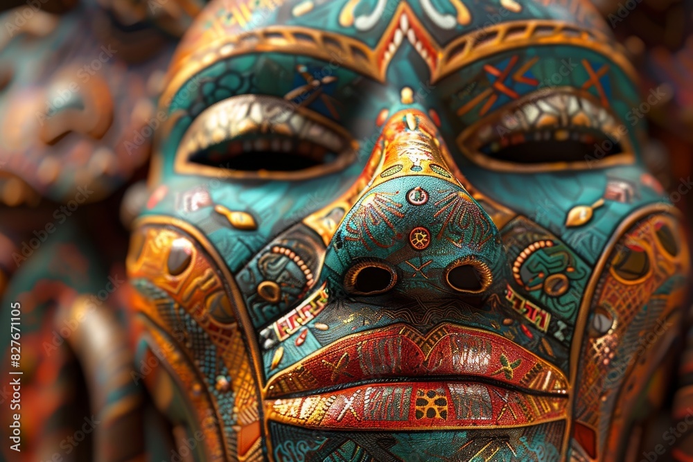Fototapeta premium Closeup of a vibrant, intricately detailed tribal mask with colorful patterns and textures, reflecting rich cultural artistry.