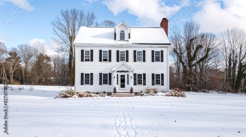 Beautiful colonial home in snow covered landscape, with white front door and black shutters, front view, wide angle