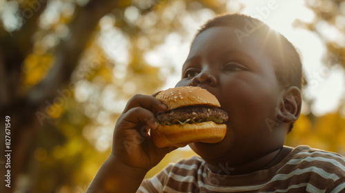 An overweight child enthusiastically biting into a hamburger in a lively park setting