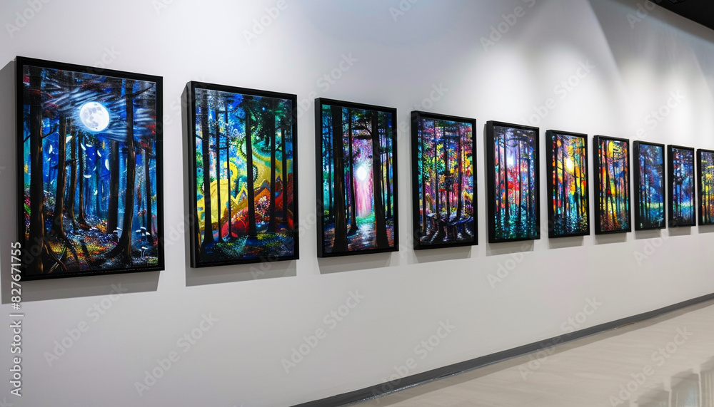An art museum gallery wall, painted white, is adorned with black-framed abstract paintings of mystical forests illuminated by moonlight. An art museum gallery wall, painted white, is adorned with black-framed abstract paintings of mystical forests illuminated by moonlight.